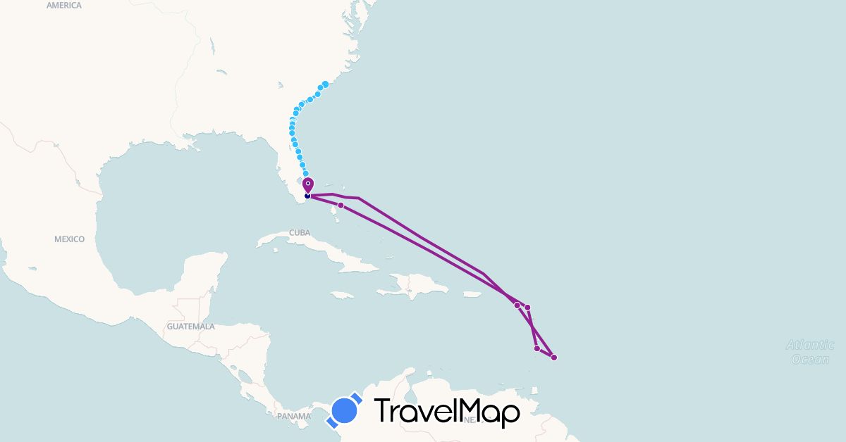 TravelMap itinerary: driving, boat, cruise ship in Antigua and Barbuda, Barbados, Bahamas, Saint Kitts and Nevis, Saint Lucia, United States (North America)
