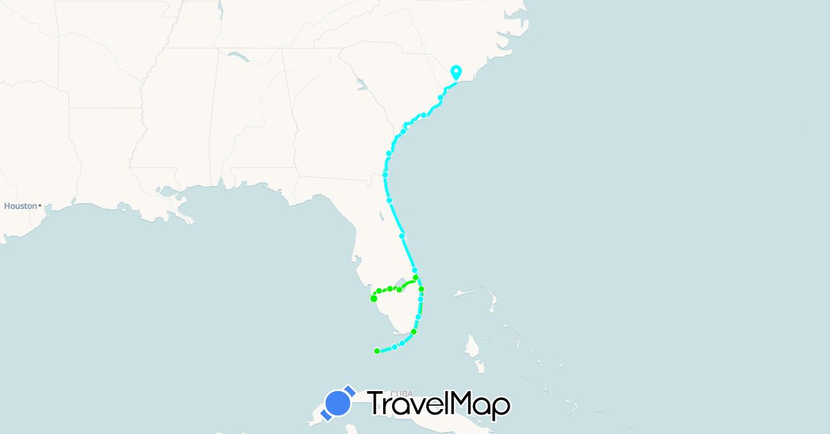TravelMap itinerary: driving, south bound trips, north bound trips in United States (North America)