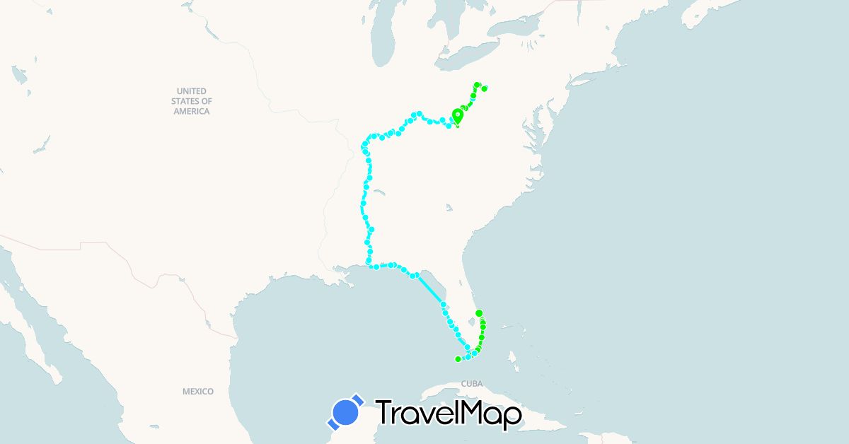 TravelMap itinerary: driving, south bound trips, north bound trips in United States (North America)